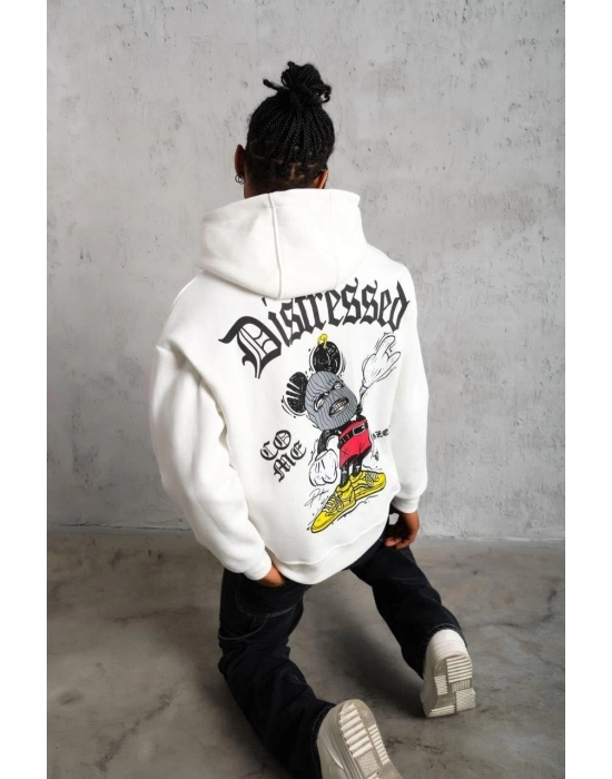 Üç İplik Baskılı Kapüşonlu Sweat - Beyaz -
