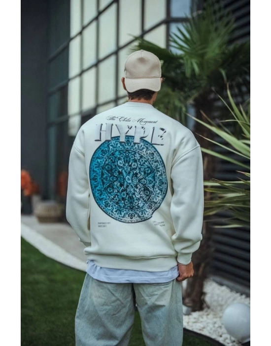 Üç İplik Bisiklet Yaka Baskılı SweatShirt - Beyaz -