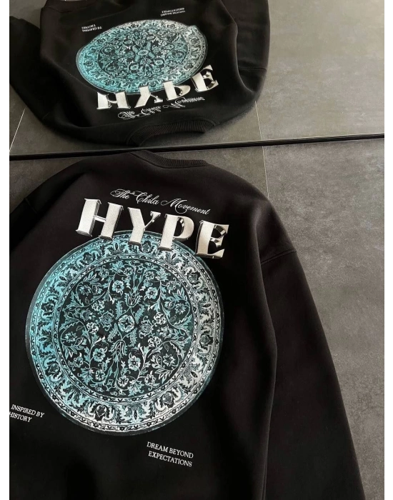 Üç İplik Bisiklet Yaka Baskılı SweatShirt - Siyah -