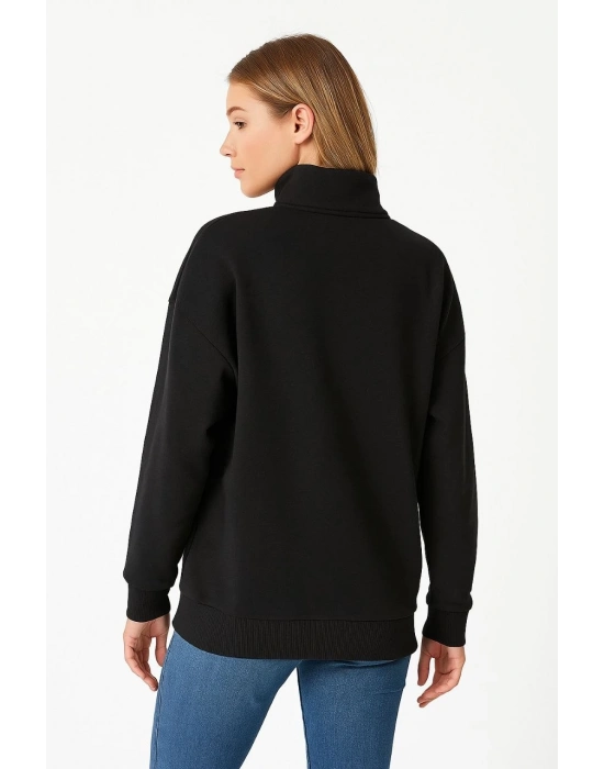 Üç İplik Dık Yaka Yarım Fermuarlı SweatShirt - Siyah -