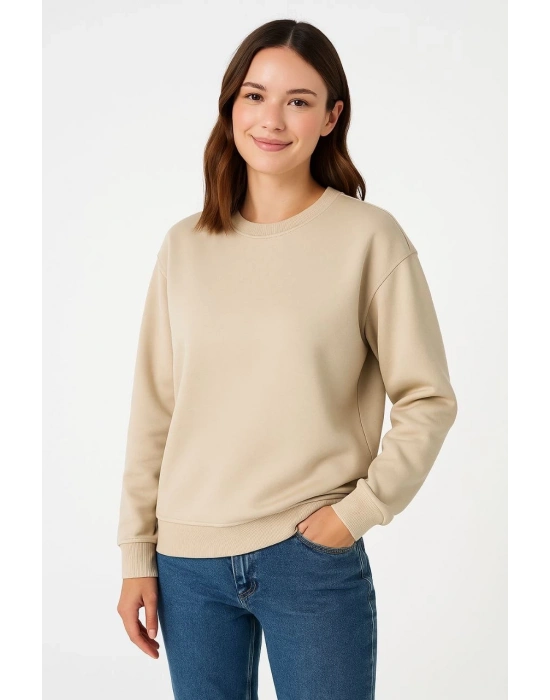 Üç İplik Düz Bisiklet Yaka SweatShirt - Bej -