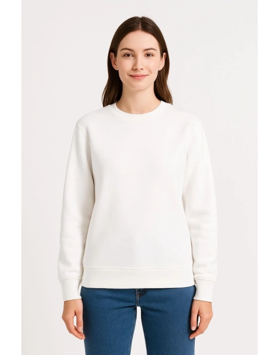 Üç İplik Düz Bisiklet Yaka SweatShirt - Beyaz -