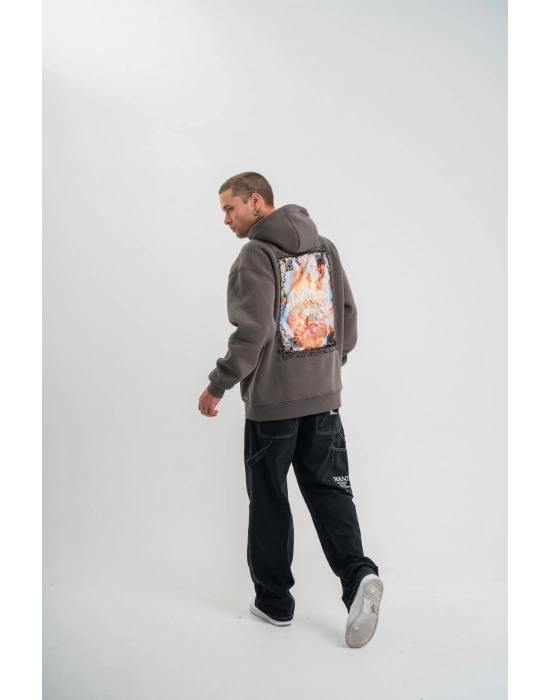 Üç İplik Kapşonlu Dijital Patchli SweatShirt - Füme -