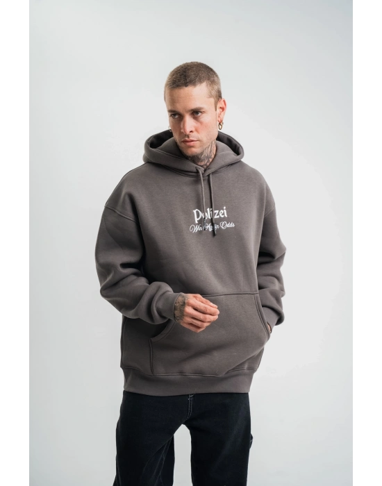 Üç İplik Kapşonlu Dijital Patchli SweatShirt - Füme -