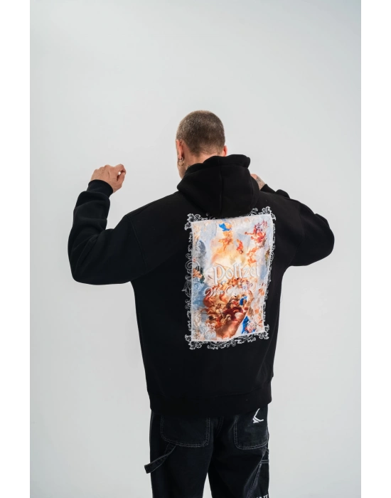 Üç İplik Kapşonlu Dijital Patchli SweatShirt - Siyah -