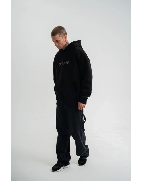 Üç İplik Kapşonlu Nakışlı SweatShirt - Siyah -