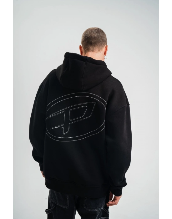 Üç İplik Kapşonlu Nakışlı SweatShirt - Siyah -