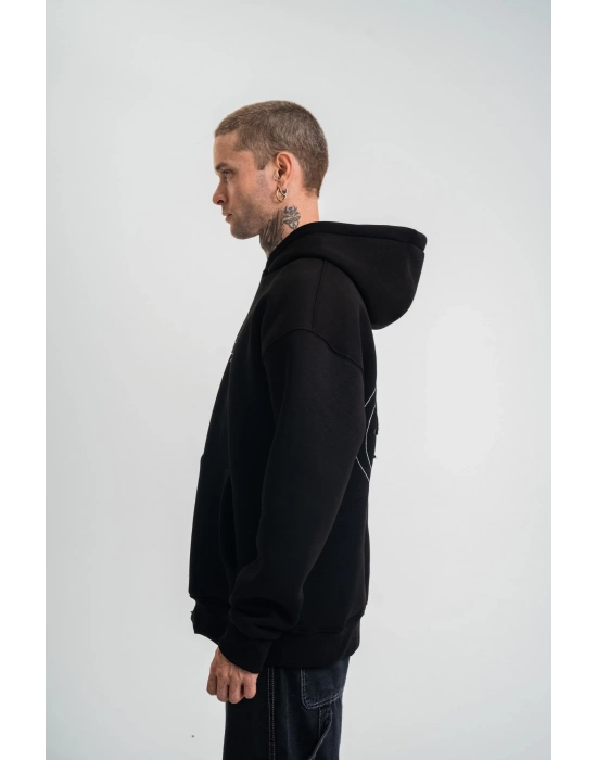 Üç İplik Kapşonlu Nakışlı SweatShirt - Siyah -