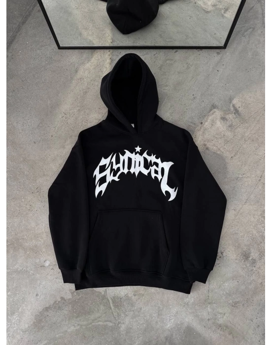 Üç İplik Kapüşonlu Baskılı Oversize SweatShirt- Siyah -