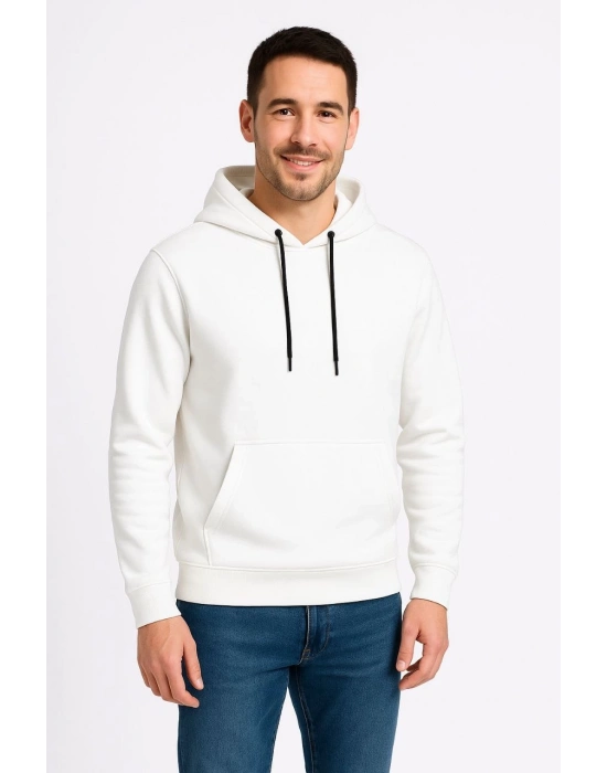 Üç İplik Kapüşonlu Kanguru Cepli SweatShirt hoodie - Beyaz -