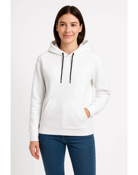 Üç İplik Kapüşonlu Kanguru Çepli SweatShirt hoodie - Beyaz -
