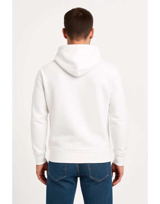 Üç İplik Kapüşonlu Kanguru Cepli SweatShirt hoodie - Beyaz -