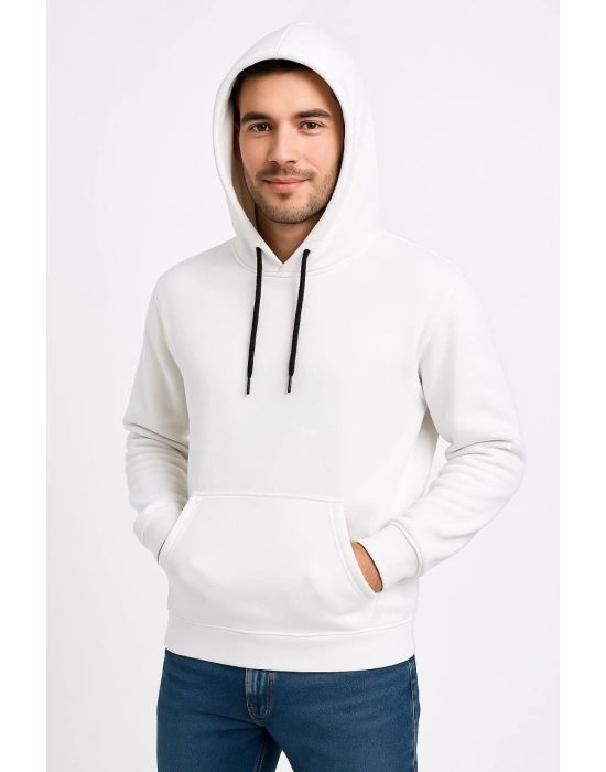 Üç İplik Kapüşonlu Kanguru Cepli SweatShirt hoodie - Beyaz -