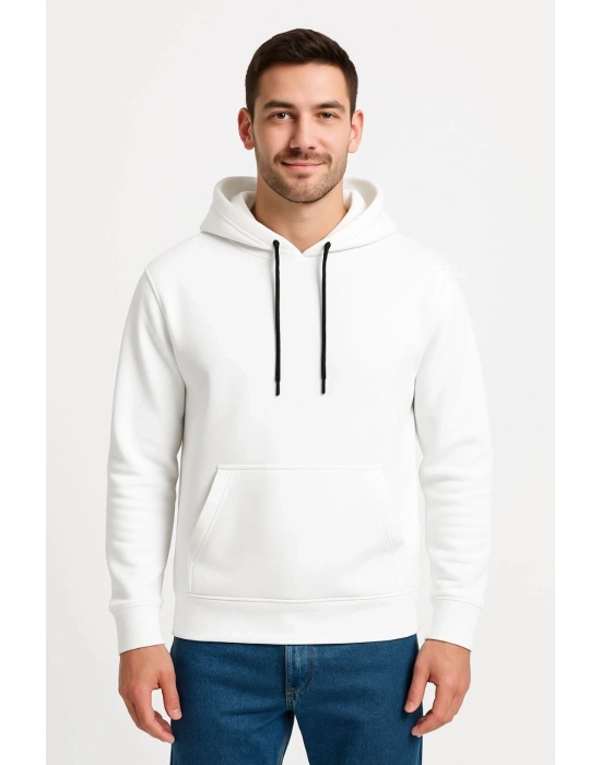 Üç İplik Kapüşonlu Kanguru Cepli SweatShirt hoodie - Beyaz -