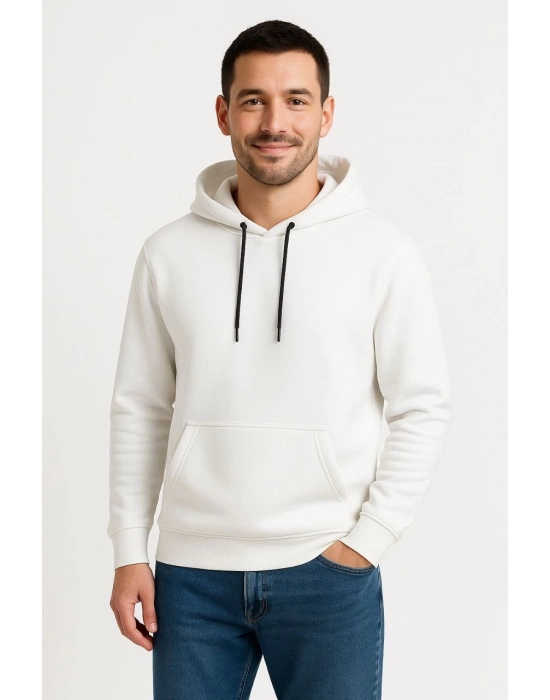 Üç İplik Kapüşonlu Kanguru Cepli SweatShirt hoodie - Beyaz -