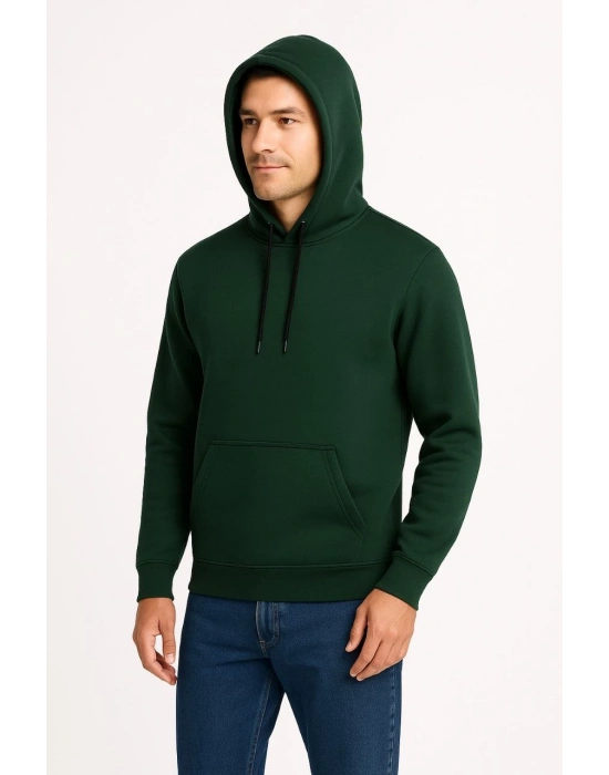 Üç İplik Kapüşonlu Kanguru Cepli SweatShirt hoodie - Haki -