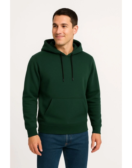 Üç İplik Kapüşonlu Kanguru Cepli SweatShirt hoodie - Haki -