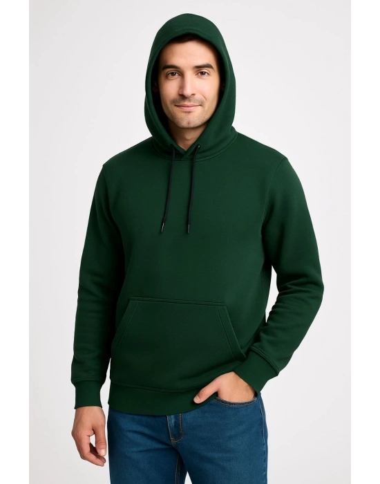 Üç İplik Kapüşonlu Kanguru Cepli SweatShirt hoodie - Haki -