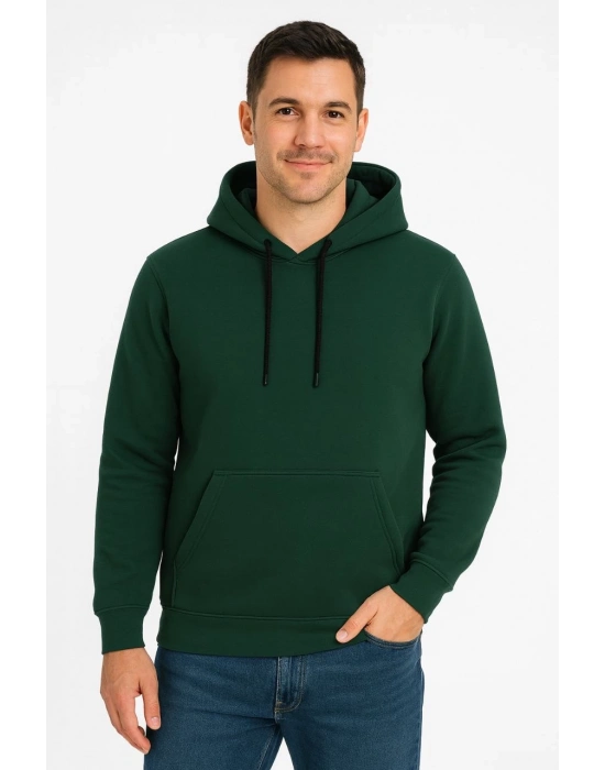 Üç İplik Kapüşonlu Kanguru Cepli SweatShirt hoodie - Haki -