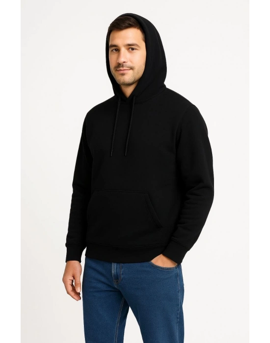 Üç İplik Kapüşonlu Kanguru Cepli SweatShirt hoodie - Siyah -