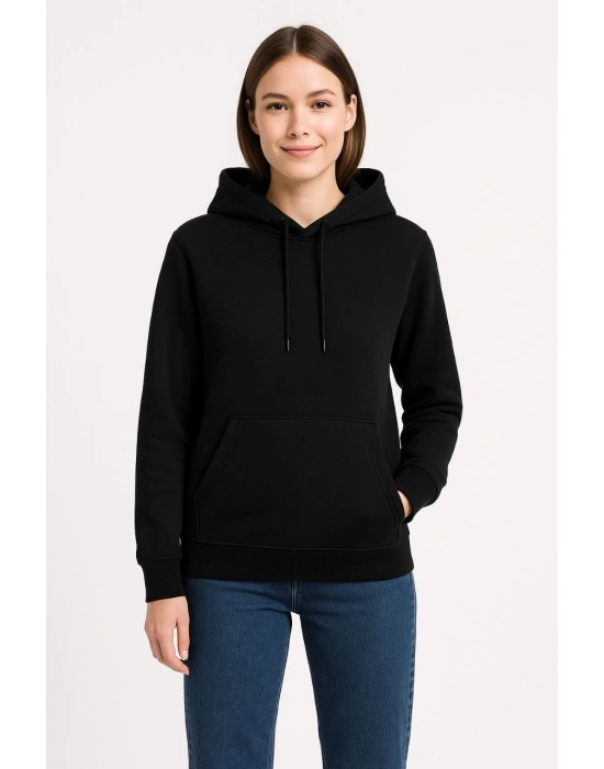 Üç İplik Kapüşonlu Kanguru Cepli Sweatshirt hoodie - Siyah -
