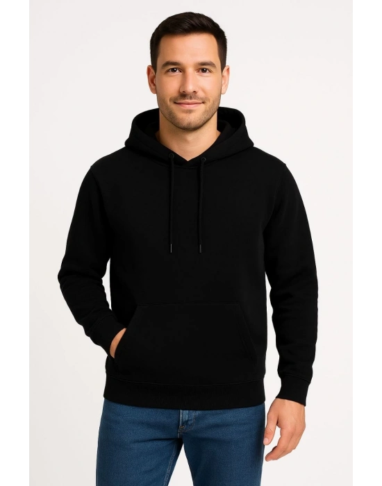 Üç İplik Kapüşonlu Kanguru Cepli SweatShirt hoodie - Siyah -