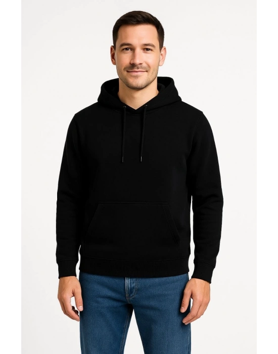 Üç İplik Kapüşonlu Kanguru Cepli SweatShirt hoodie - Siyah -