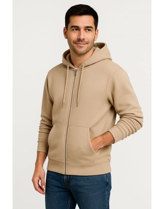 Üç İplik Kapüşonlu Tam Fermuarlı Kanguru Çepli SweatShirt Hoodie - Bej -