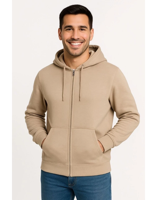 Üç İplik Kapüşonlu Tam Fermuarlı Kanguru Çepli SweatShirt Hoodie - Bej -