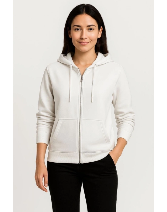 Üç İplik Kapüşonlu Tam Fermuarlı Kanguru Çepli SweatShirt Hoodie - Beyaz -