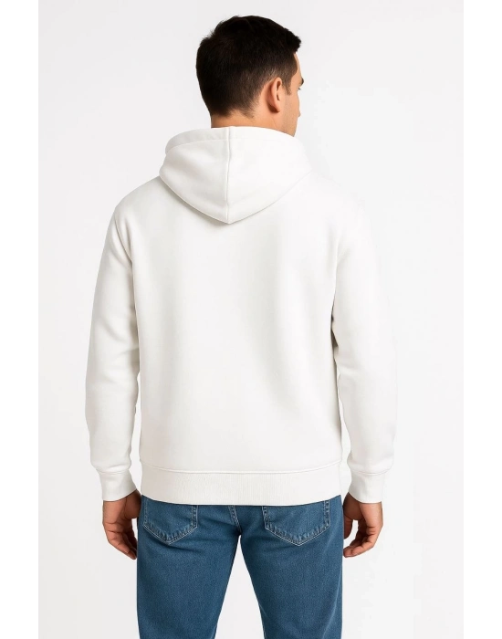 Üç İplik Kapüşonlu Tam Fermuarlı Kanguru Cepli SweatShirt Hoodie - Beyaz -