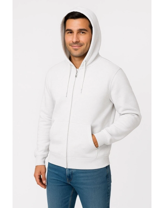 Üç İplik Kapüşonlu Tam Fermuarlı Kanguru Cepli SweatShirt Hoodie - Beyaz -