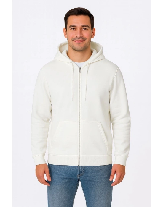 Üç İplik Kapüşonlu Tam Fermuarlı Kanguru Cepli SweatShirt Hoodie - Beyaz -