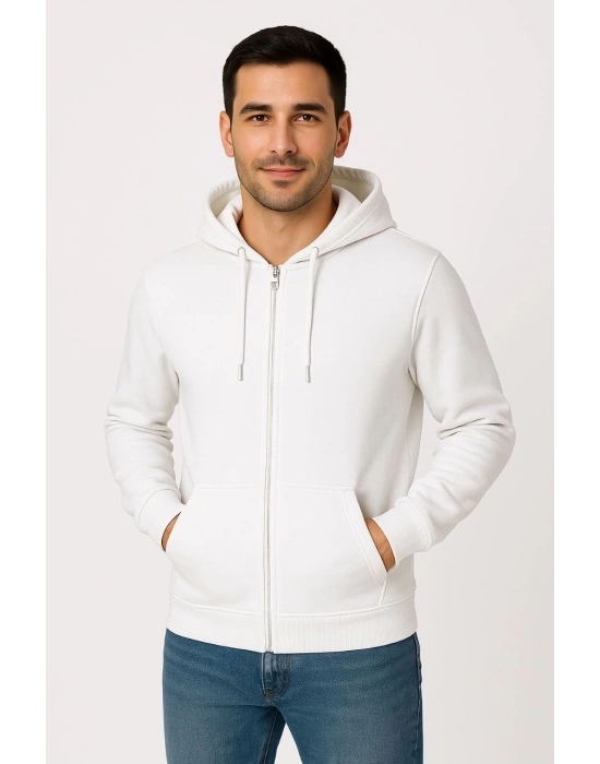 Üç İplik Kapüşonlu Tam Fermuarlı Kanguru Cepli SweatShirt Hoodie - Beyaz -
