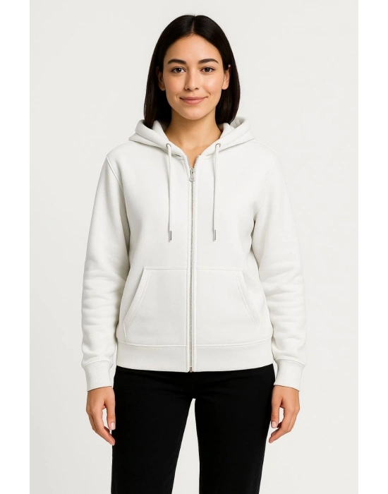 Üç İplik Kapüşonlu Tam Fermuarlı Kanguru Çepli SweatShirt Hoodie - Beyaz -
