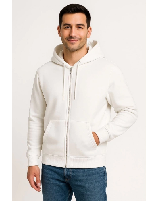 Üç İplik Kapüşonlu Tam Fermuarlı Kanguru Cepli SweatShirt Hoodie - Beyaz -