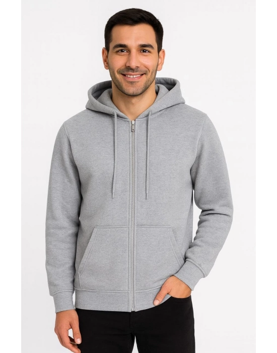 Üç İplik Kapüşonlu Tam Fermuarlı Kanguru Çepli SweatShirt Hoodie - Gri -