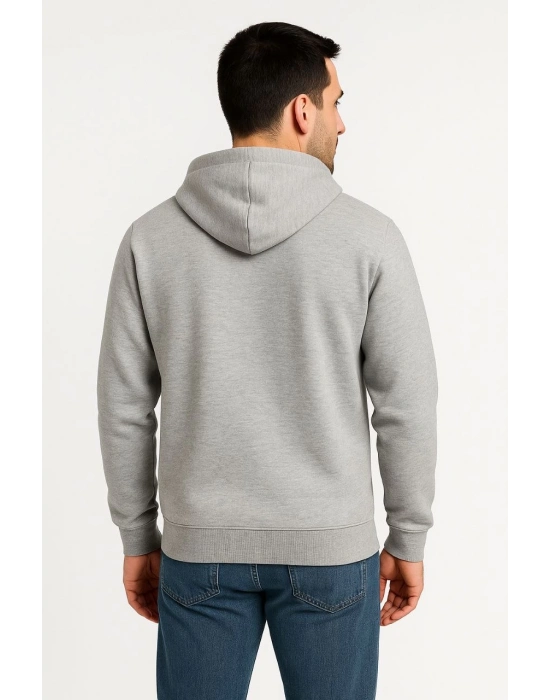 Üç İplik Kapüşonlu Tam Fermuarlı Kanguru Çepli SweatShirt Hoodie - Gri -