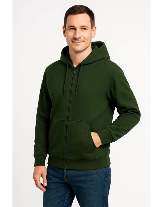 Üç İplik Kapüşonlu Tam Fermuarlı Kanguru Cepli Sweatshirt Hoodie - Haki -