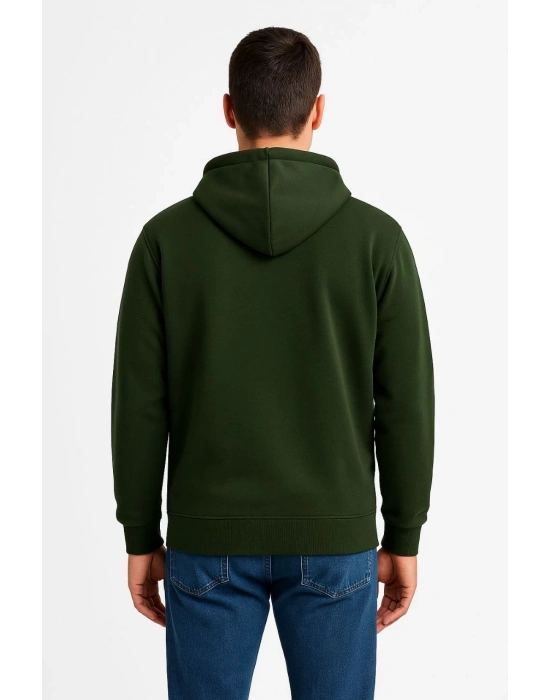 Üç İplik Kapüşonlu Tam Fermuarlı Kanguru Cepli Sweatshirt Hoodie - Haki -