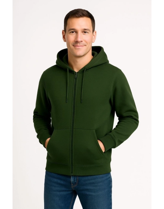 Üç İplik Kapüşonlu Tam Fermuarlı Kanguru Cepli Sweatshirt Hoodie - Haki -