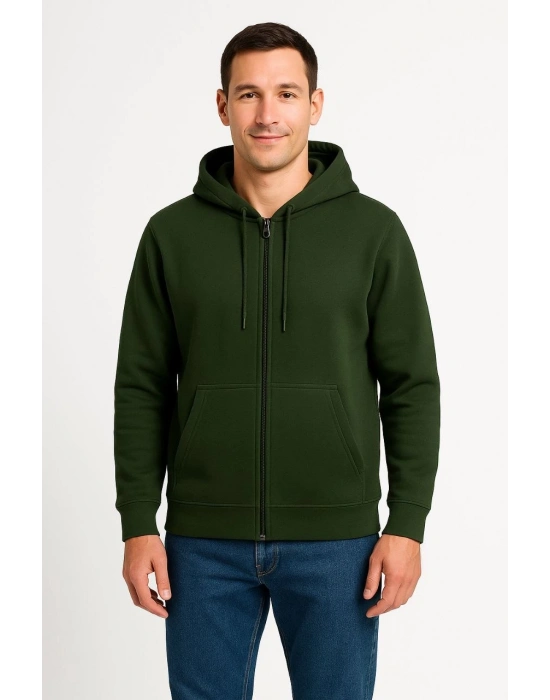 Üç İplik Kapüşonlu Tam Fermuarlı Kanguru Cepli Sweatshirt Hoodie - Haki -
