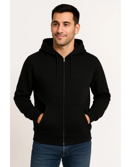 Üç İplik Kapüşonlu Tam Fermuarlı Kanguru Çepli SweatShirt Hoodie - Siyah -