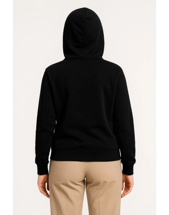 Üç İplik Kapüşonlu Tam Fermuarlı Kanguru Çepli SweatShirt Hoodie - Siyah -