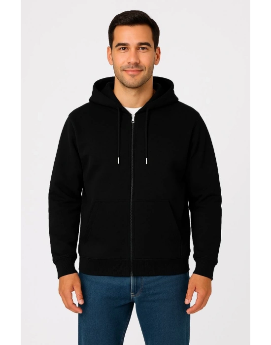 Üç İplik Kapüşonlu Tam Fermuarlı Kanguru Çepli SweatShirt Hoodie - Siyah -