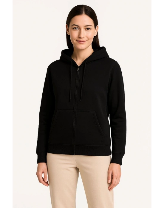 Üç İplik Kapüşonlu Tam Fermuarlı Kanguru Çepli SweatShirt Hoodie - Siyah -