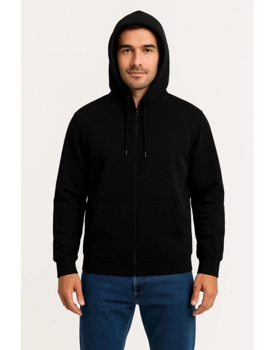 Üç İplik Kapüşonlu Tam Fermuarlı Kanguru Çepli SweatShirt Hoodie - Siyah -