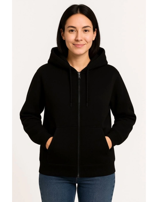 Üç İplik Kapüşonlu Tam Fermuarlı Kanguru Çepli SweatShirt Hoodie - Siyah -