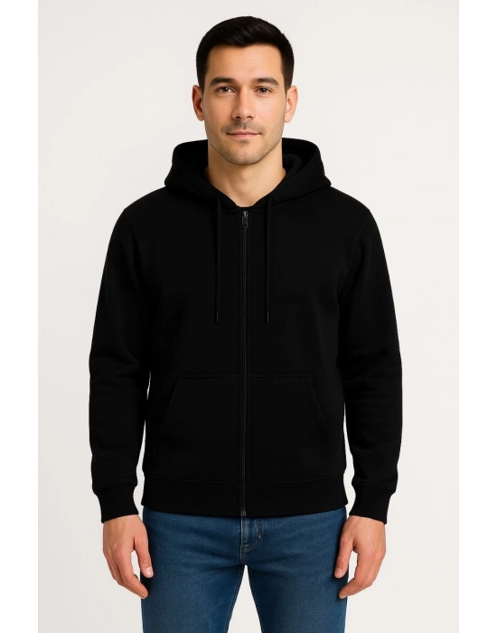 Üç İplik Kapüşonlu Tam Fermuarlı Kanguru Çepli SweatShirt Hoodie - Siyah -
