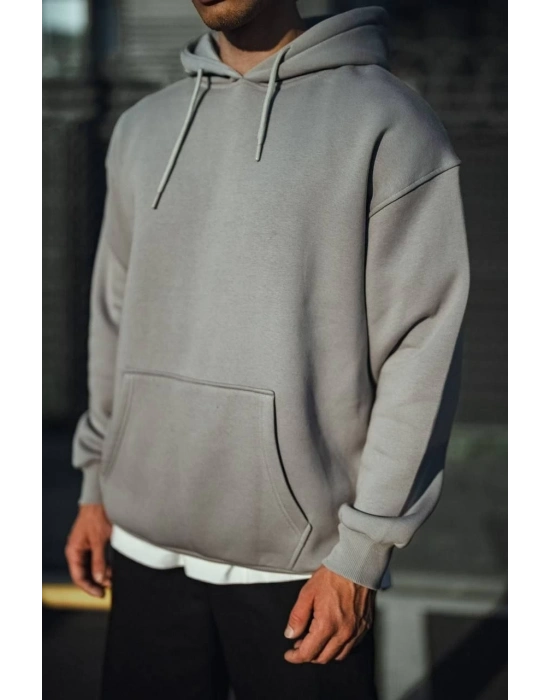 Üç İplik Penye Kapşonlu Basic SweatShirt - Boyalı Gri -